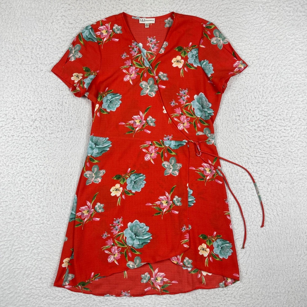 Neiman Marcus Faux Wrap Dress Womens 8 Red Floral High Low Short Sleeve Romantic